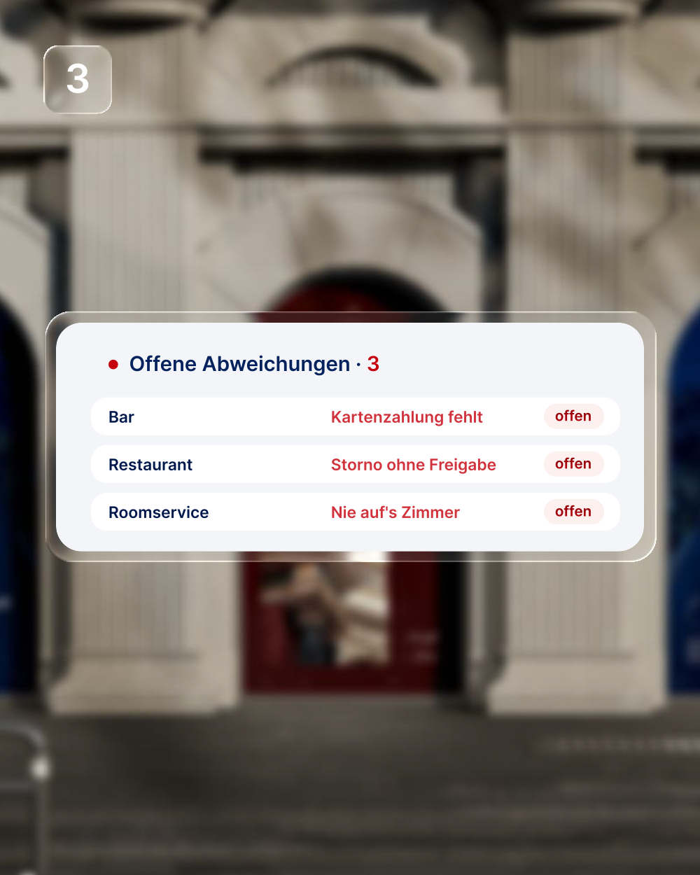 Schritt 3 – Offene Abweichungen: drei offene Punkte mit Outlet und Ursache.